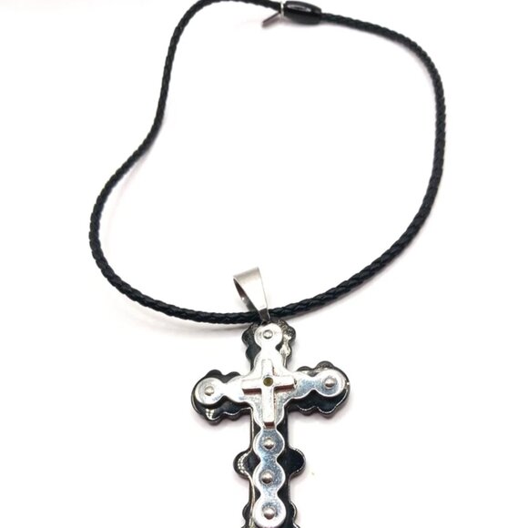 Black + Silver Stainless Steel Cross On Black Cord Choker Necklace 16 " - Picture 10 of 10